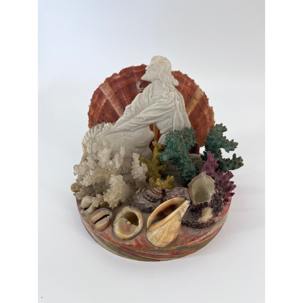 Vintage Jesus Christ Shell Coral Diorama Religious Sculpture Coastal Folk Art